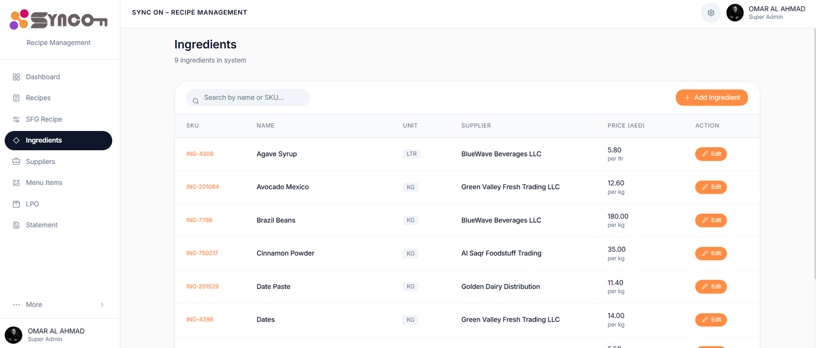 SyncOn ingredient management module displaying unit cost, supplier pricing, and stock levels