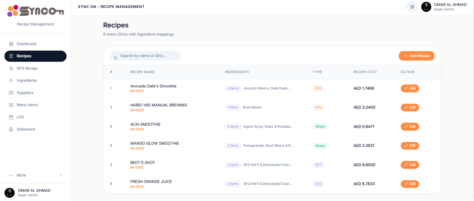 SyncOn recipe management module showing ingredient cost breakdown and yield control