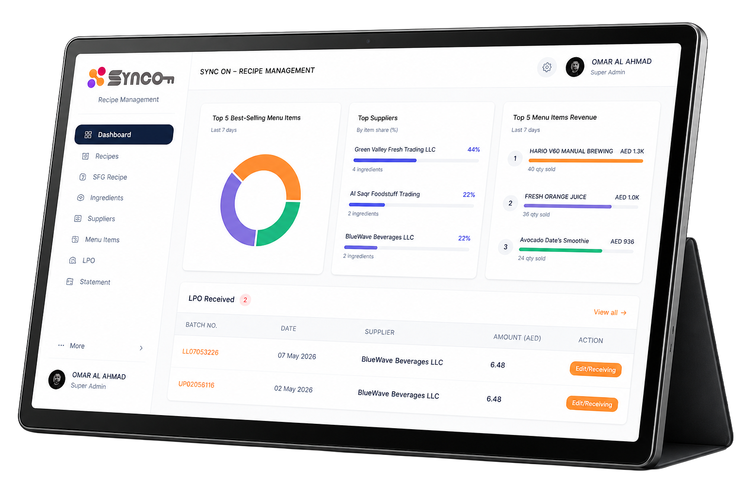 SyncOn dashboard on a tablet